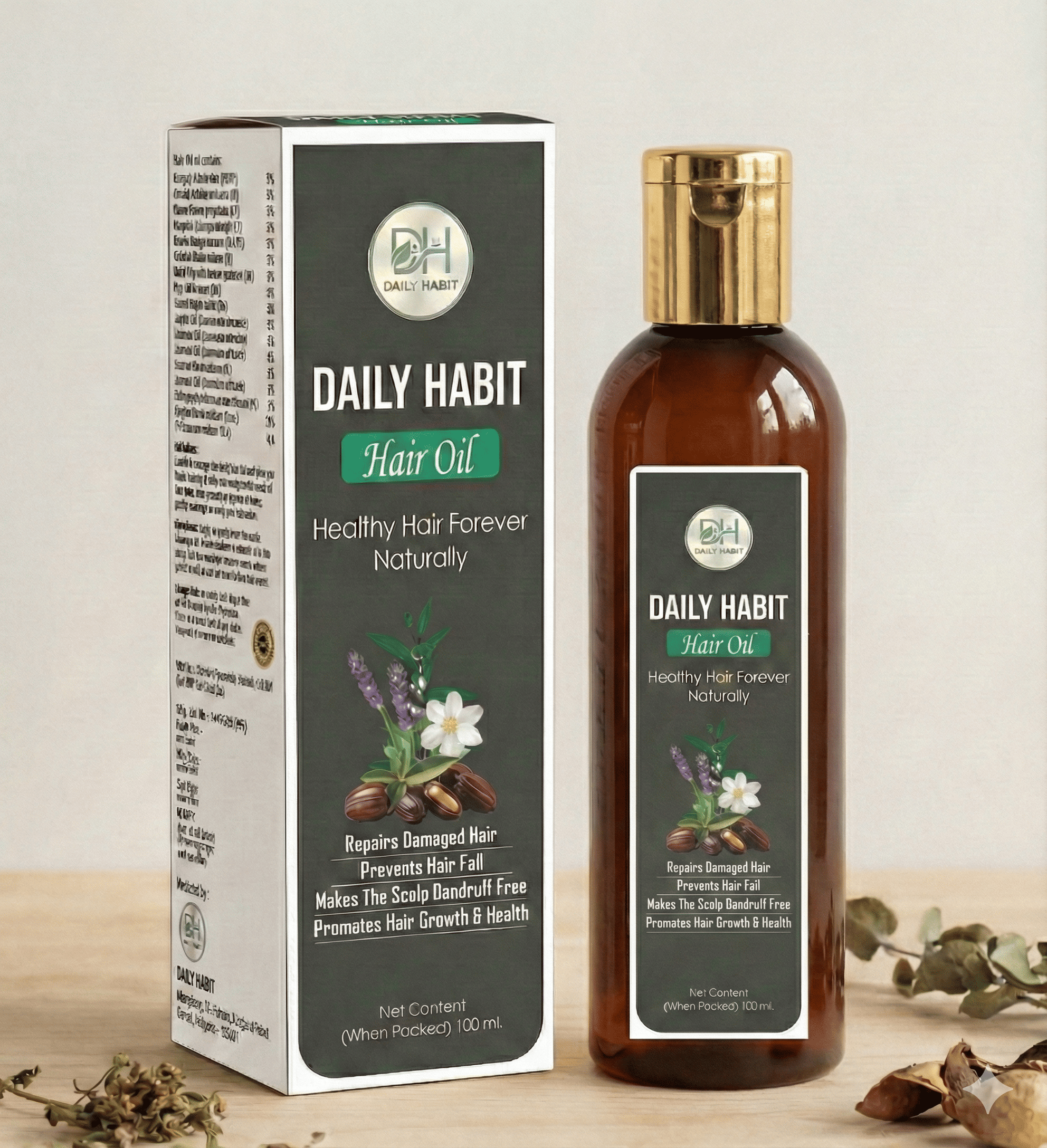 Daily Habit Premium Hair Oil bottle surrounded by natural ingredients like coconut, amla, and argan