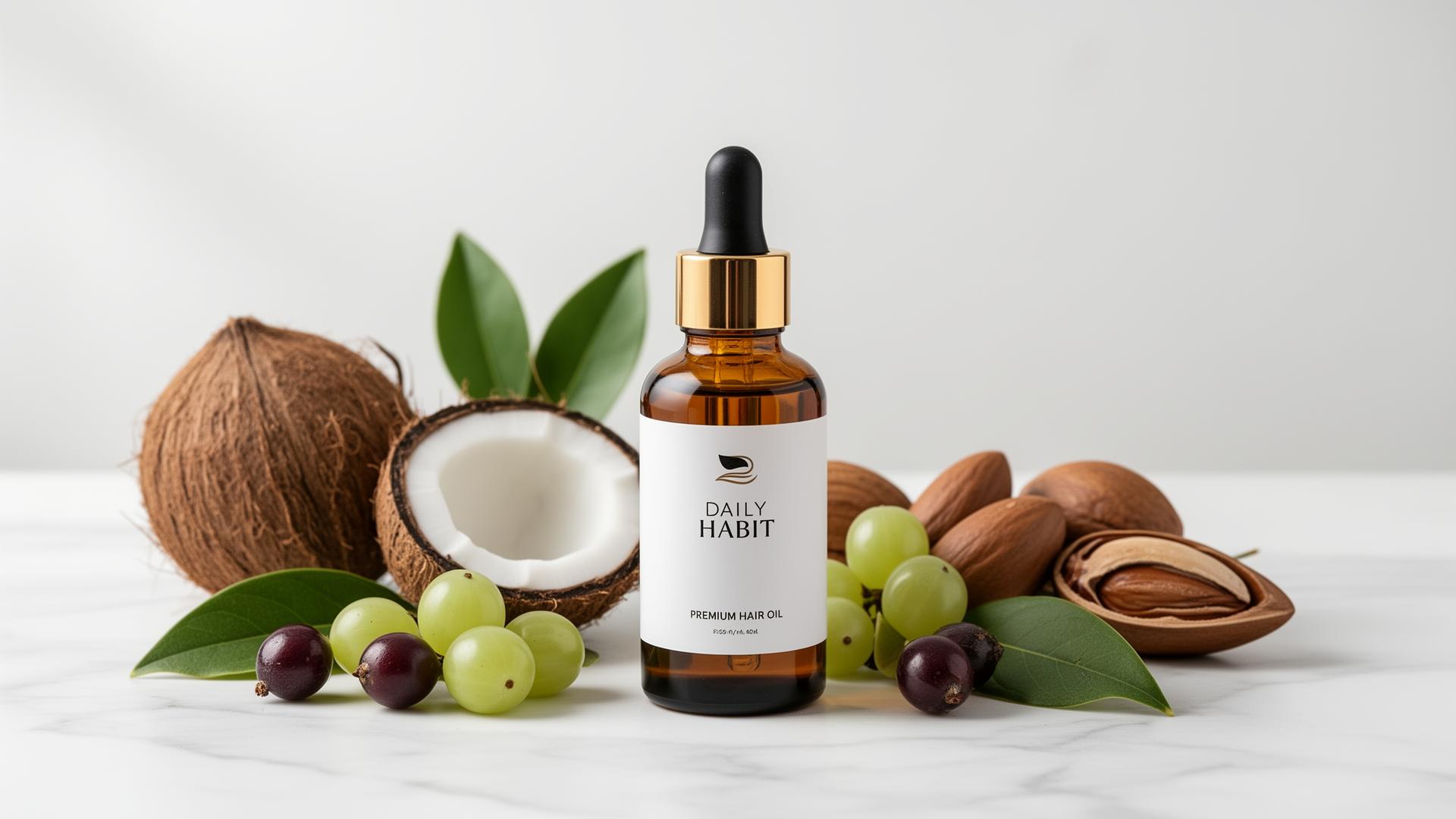 Daily Habit Premium Hair Oil bottle surrounded by natural ingredients like coconut, amla, and argan